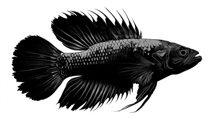 A detailed monochrome illustration of a betta fish with prominent fins and scales detail