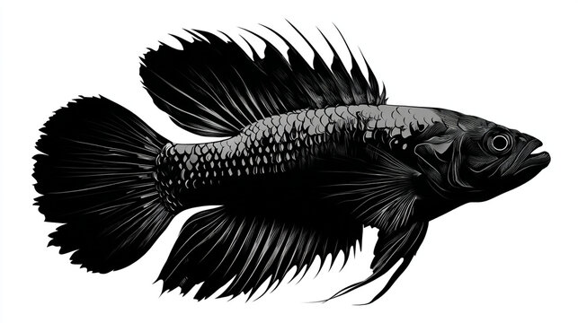 A detailed monochrome illustration of a betta fish with prominent fins and scales detail