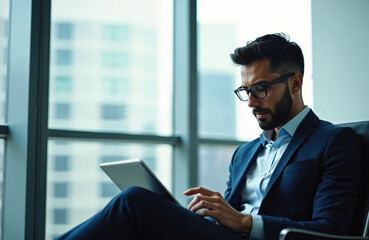 Fototapeta premium Man in suit uses tablet computer near window in modern office building. Businessman works remotely on digital device, checks online information during business trip. Wears glasses, focuses on screen.