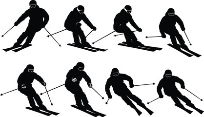 Alpine Downhill Skiing Skier Silhouette Vector Set Isolated White Background Winter Sport Icon Logo Cad Drawing Flat Illustration