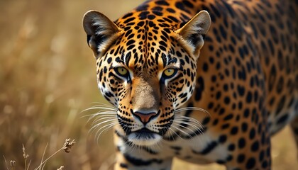 Obraz premium Close-up of wild jaguar looking forward with intense yellow eyes. Big cat stands alert in nature, showing spotted fur pattern. Predator watches silently in savanna, ready for next hunt. Powerful