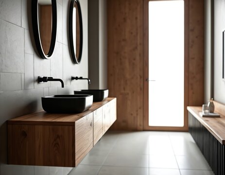 Modern bathroom with dual sinks on floating timber vanity. Two pill mirrors hang above black faucets. Wooden door leads to bright area, showing clean, minimalist decor. Stylish space offers comfort,