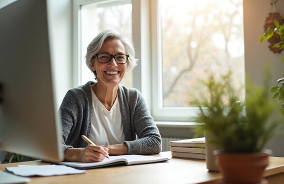 Mature happy woman sits at desk by window. She works on computer, looks at camera with genuine smile, makes notes in notebook. Senior lady enjoys remote work day at home office. - Powered by Adobe