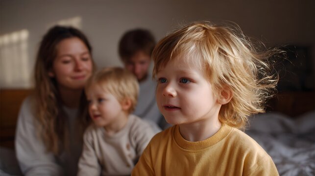 A family of four parents and two young children shares a tender moment together indoors bathed in soft morning light