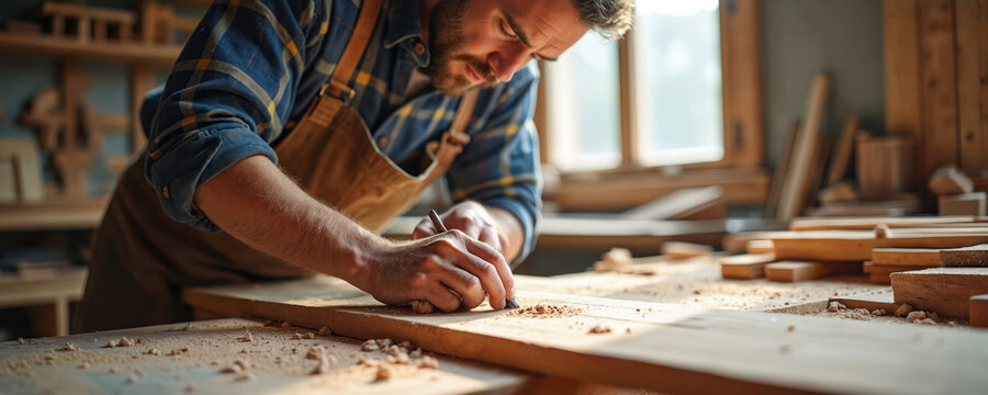 Carpenter works wood in workshop. Man uses tool on timber plank on workbench. Male craftsman makes wooden furniture. Small business owner indoors at carpentry studio. Woodworking artisan creates