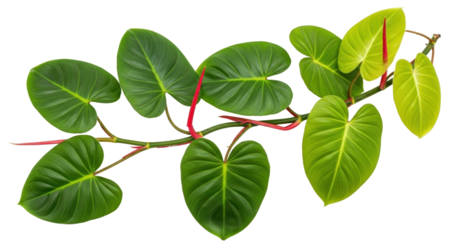Isolated green heart shaped leaves of philodendron plant against no background for design use