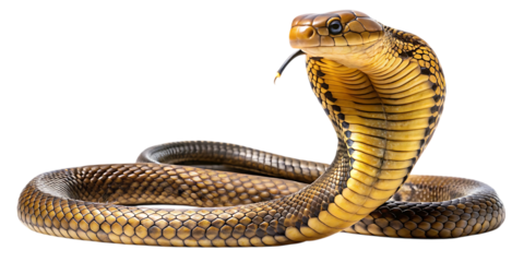 A striking indian cobra naja naja with its hood flared, poised defensively, isolated on a transparent background, showcasing its intricate scale patterns and alert expression