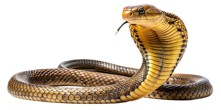 A striking indian cobra naja naja with its hood flared, poised defensively, isolated on a transparent background, showcasing its intricate scale patterns and alert expression