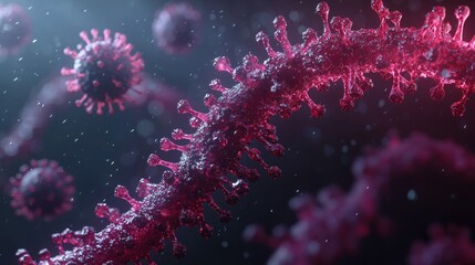 Group of virus-like structures with spiky protrusions, glowing red in a dark space