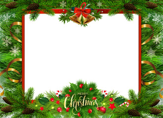 Festive christmas frame with evergreen branches ornaments and copy space for text