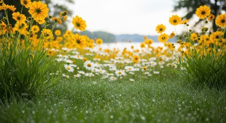 Bright yellow flowers bloom in a lush green field by a serene lake under soft morning light