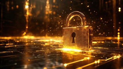 Golden padlock on a circuit, glowing light and bokeh, symbolic of security