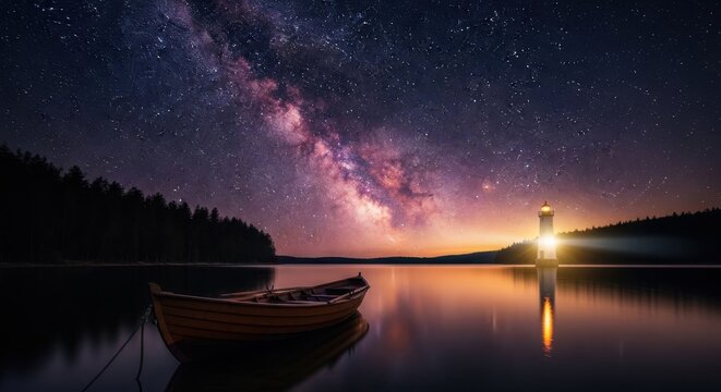 Starlit scene with an old boat and a lighthouse by a calm lake at night