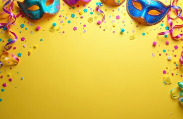 Bright carnival background with masks confetti, ribbons. Festive design suitable for party events or celebrations. Masks, decorations rest on yellow backdrop. This photo is great for advertising.