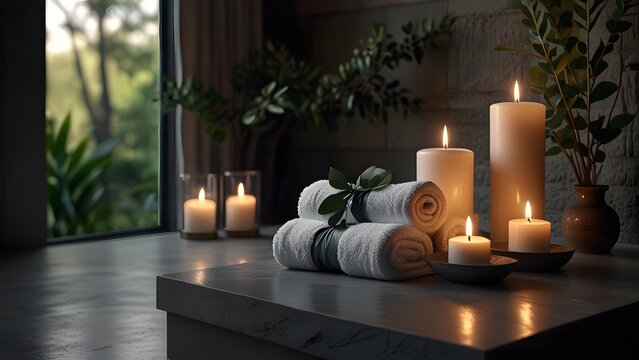 Inviting stack of soft white rolled towels with natural twine detailing arranged between two gently glowing candles and a fresh green eucalyptus plant for a luxurious spa experience.