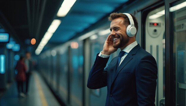 Young man in suit smiles, listens to music with white headphones on subway platform. Stands by train car, happy on city commute. Pro enjoys sound, relaxes before urban travel. Looks contented.
