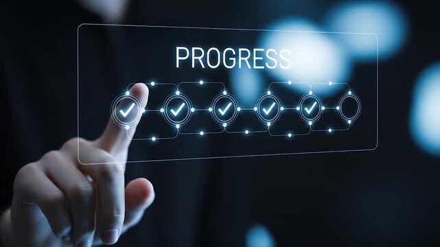 Visualizing Project Progression Hand Interacting with a Digital Interface Showing Task Completion and Strategic Roadmap for Business Milestones and Future Goals
