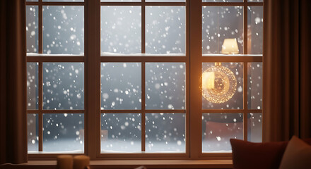 Naklejka premium Snowy window view with warm light and cozy interior.