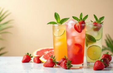 Three tall glasses with ice filled with colorful refreshing summer drinks. Strawberries, grapefruit, mint garnish the beverages. Fruit slices and whole berries surround the glasses on a light surface.