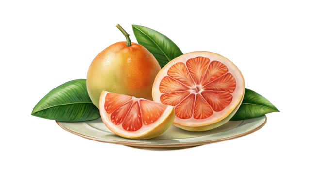 Artistic representation of citrus fruits with leaf decoration, on a black background