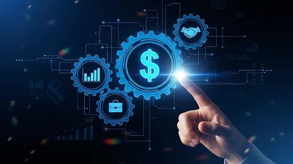 Hand touching futuristic interface with dollar sign and business icons, symbolizing digital financial growth, technological investment, and strategic business management