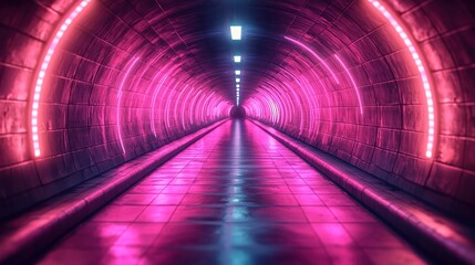 Lit tunnel view. Pink neon arches. Shiny floor reflects, vanishing point