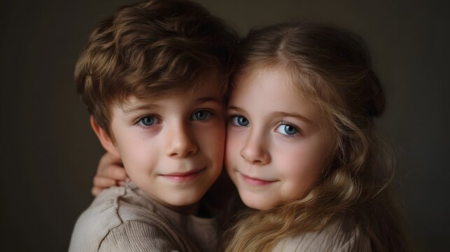 Two young siblings a brother and sister embrace warmly in a close up portrait showing their tender affection - Powered by Adobe