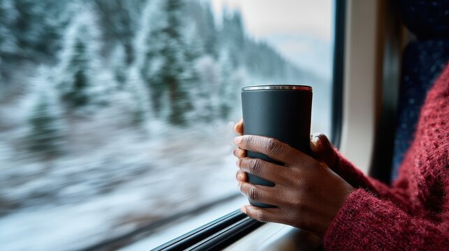 A woman holding a cup on a train