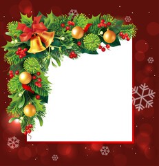 Festive christmas garland border with golden bells and ornaments on a red background
