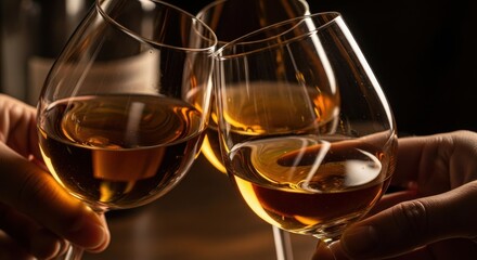 Elegant glasses filled with warm amber drink clinking together in a celebratory toast. Golden beverage, dark background, festive moment indoors.