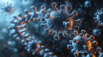 Microscopic view of spiky pathogen cells floating in a dark, hazy environment