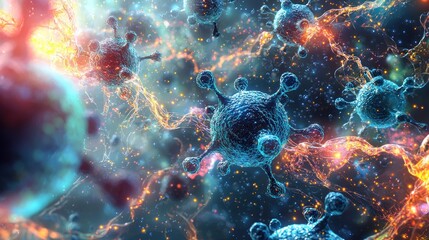 Microscopic render of viruses, vibrant, spiky structures, surrounded by particle trails
