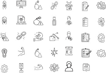 Collection of hand drawn business and technology icons in a grid
