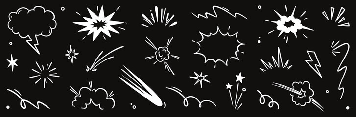Comic explosion doodles in dynamic hand-drawn style. Retro cartoon effects for action scenes. Graphic impact elements on a dark background.
