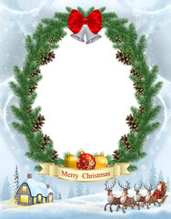 Festive christmas wreath with bells bow and merry christmas banner on snowy background