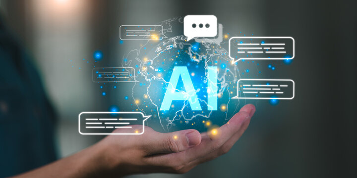 Global AI illustration with chatbot conversation ,digital network, representing artificial intelligence, automation, smart communication, advanced technology for business transformation ,innovation