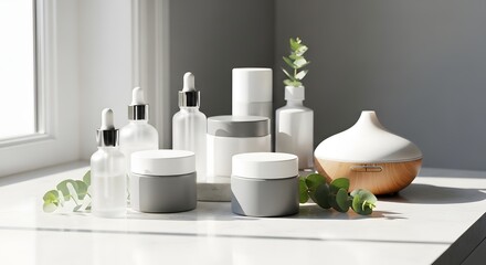 Still life of various skincare product bottles and jars on a white countertop near a window with natural light