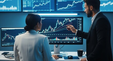 Business professionals analyze stock market trends and data in a modern office setting During the late afternoon