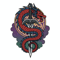 dragon wrapped around sword, fantasy art, bold black lines, vector style.svg