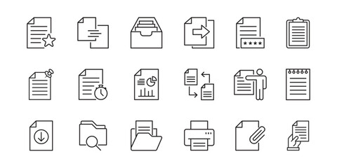 Collection of black and white document icons representing various file management and paperwork tasks. Financial Document Analysis and Calculation Icons Set. Modern flat vector illustration of contact