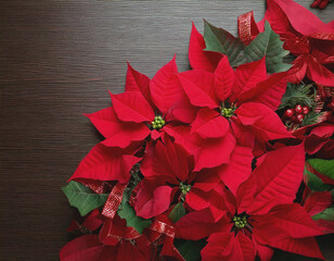 Border of Red Poinsettias and Leaves on Black Background AI
