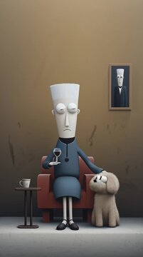 Ein &auml;ltere Dame mit kurzen grauen Haaren sitzt in einem Sessel und trinkt ein Glas Rotwein. Ein brauner kleiner Maltipoo sitzt vor ihr. An der Wand h&auml;ngt ein Portraitfoto ihrem Mann.