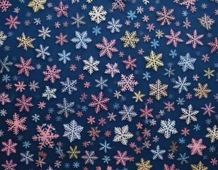Pink, Yellow and Blue Snowflakes on Navy Blue Background AI