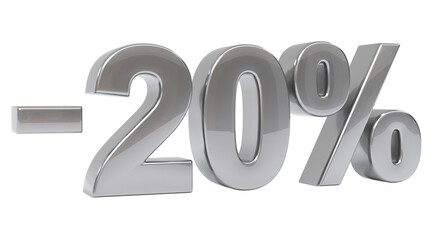 Silver 3D glossy metallic minus twenty percent symbol against a neutral gray background