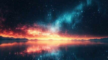 Naklejka premium Starry sky reflects on serene water under the horizon, serene and cosmic