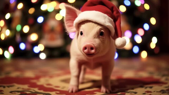 Adorable piglet in a Christmas cap. Christmas background with Christmas tree balls and decorations. Fairytale atmosphere of New Year and Christmas, Christmas Eve