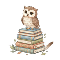 Whimsical Cartoon Owl Perched Atop a Stack of Vintage Books with Soft Shading and Feather Accent on a Transparent Background