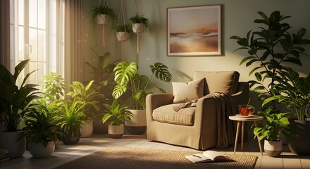 Cozy living room interior with numerous potted plants and a comfortable armchair in warm natural light.