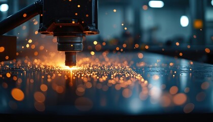 Industrial machine uses advanced tech to cut metal sheet. Sparks fly during precise metalworking process. Modern factory environment displays manufacturing. Automated equipment, tech details