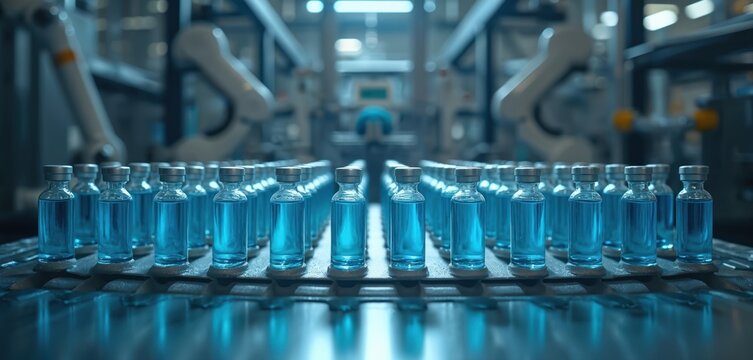 Rows of blue liquid vials move on conveyor belt in automated pharma factory. Robotic arms work on assembly line, packing medicines. Clean sterile production environment.